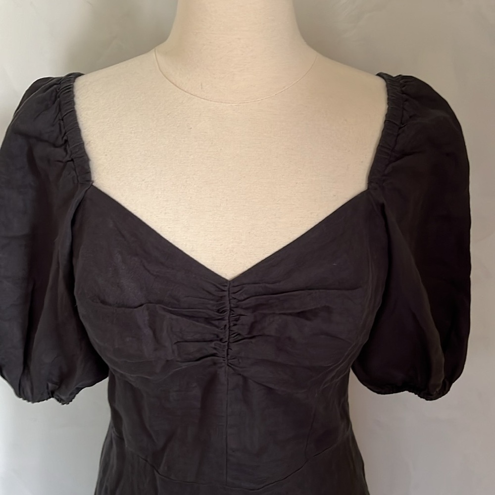 The drop Black Midi Linen Dress w/elbow length puffy short sleeves Size Medium - Picture 6 of 11